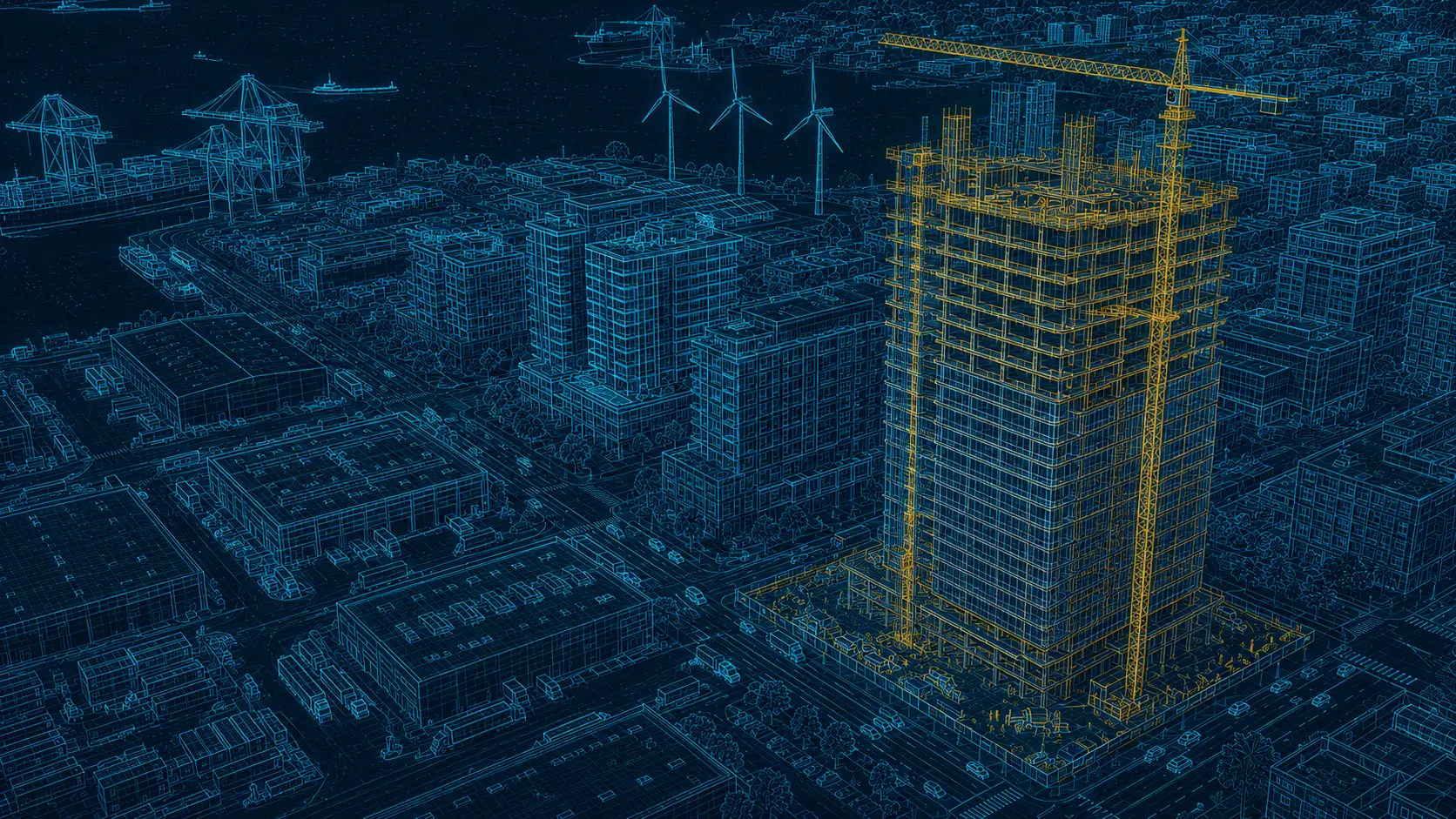 Aerial wireframe view of a city, with a tower crane over a building under construction